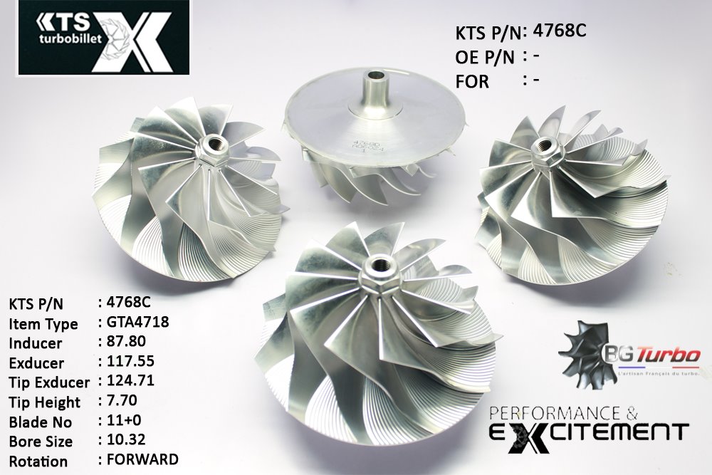 Turbo ROUE FORGÉE MFS PERFORMANCE - 11+0 PALES - INDUCER : 87,8 - EXDUCER : 117,55 - TYPE : GTA4718ANGLE : 45° - ROTATION : Forward - SUPER BACK : 26,97 - BORE SIZE : 10,32
